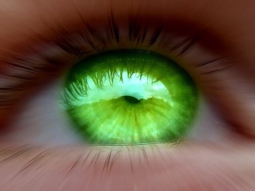 A closeup of a bright neon green eye