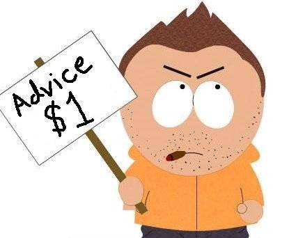 Cartoon boy holds picket sign reading Advice $1