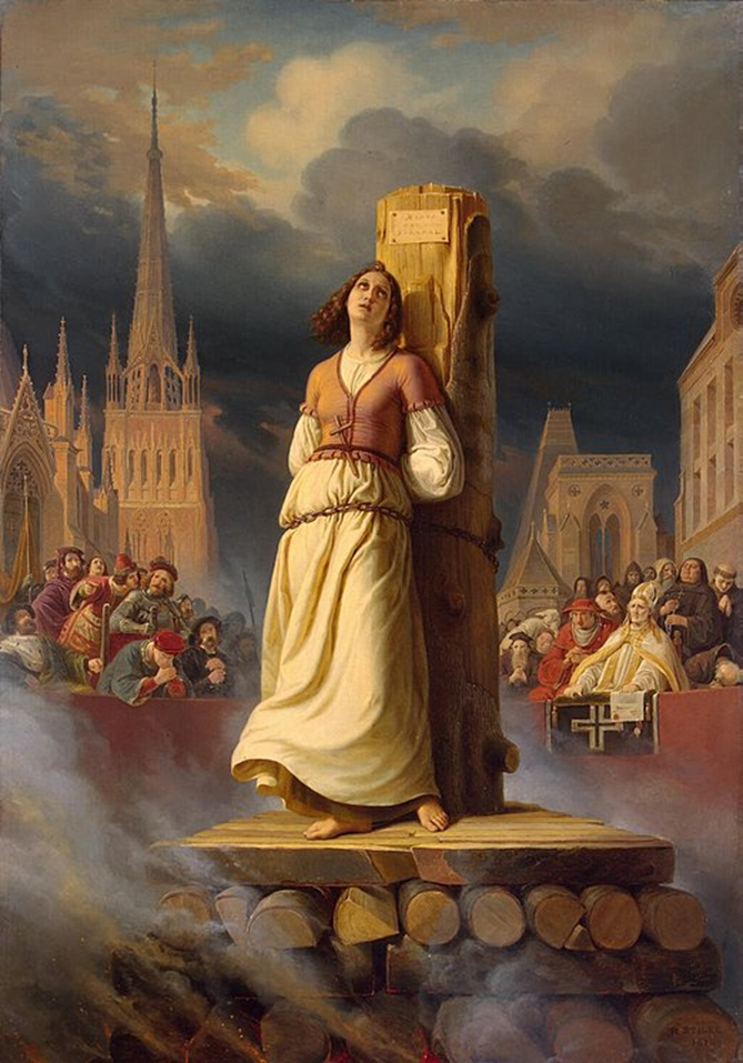 Paiting depicts Joan of Arc chained to pillar
