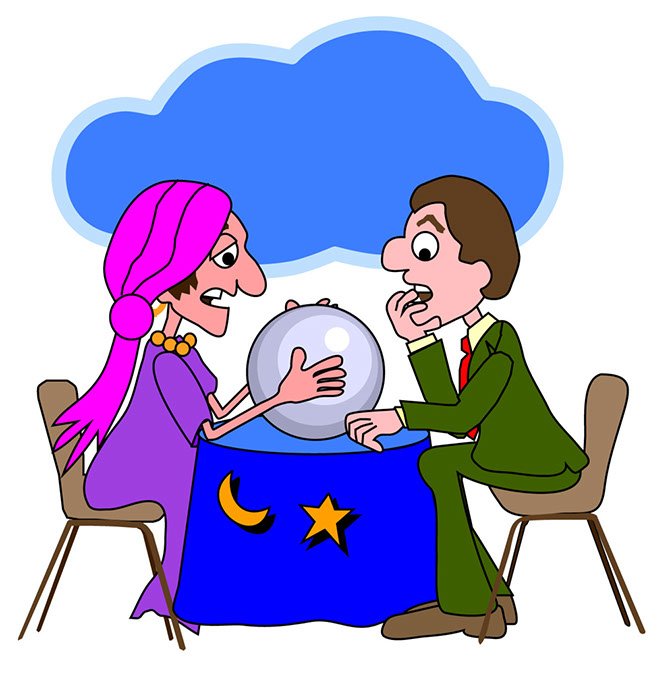 Cartoon image of fortune teller and a man looking in a crystal ball