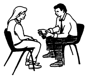 Ink drawing of a man and woman sitting in chairs talking