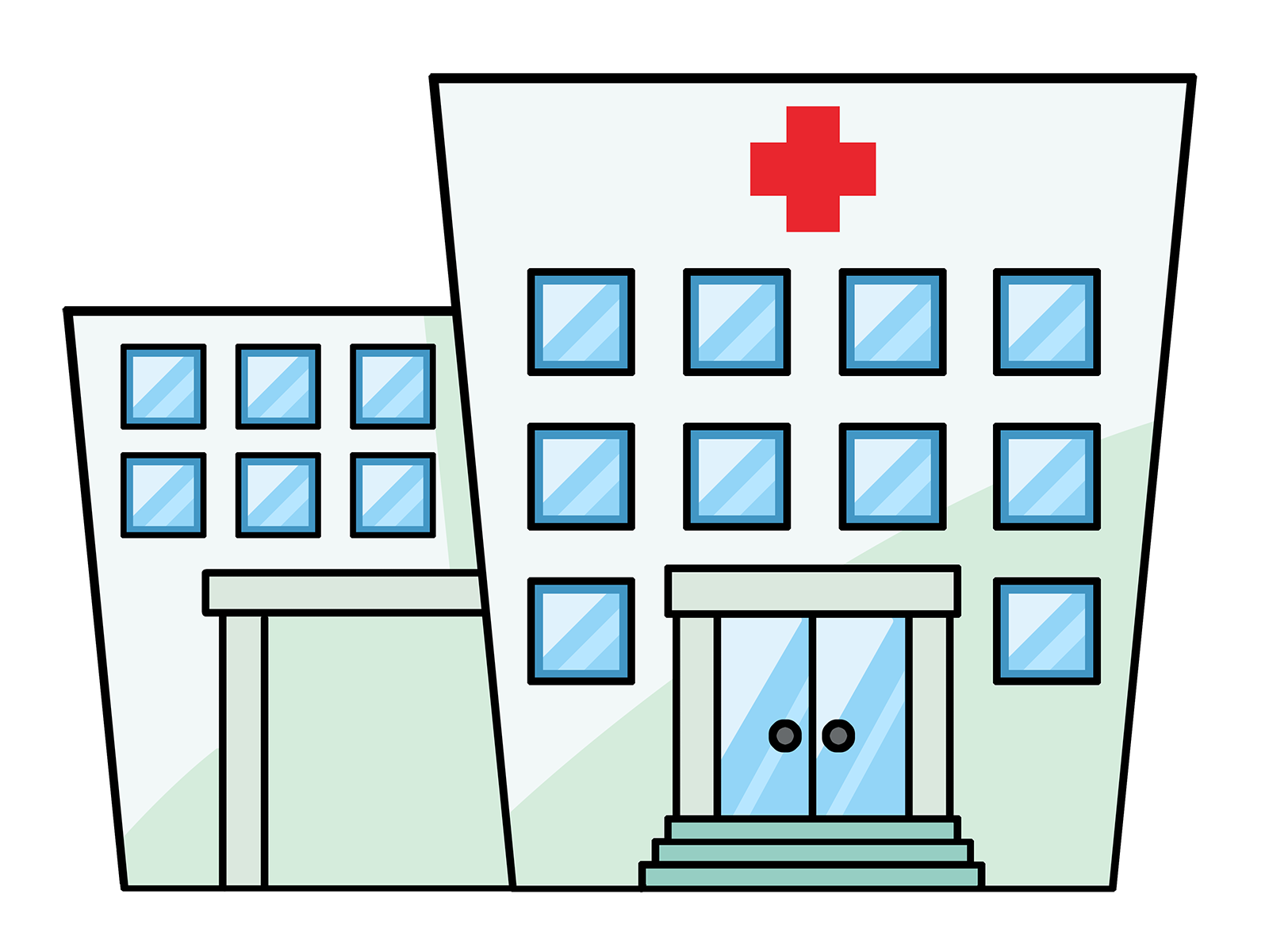 Computer generated image of a hospital with many windows and glass doors