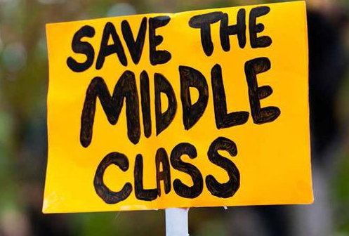 Yellow picket sign reads Save the Middle Class