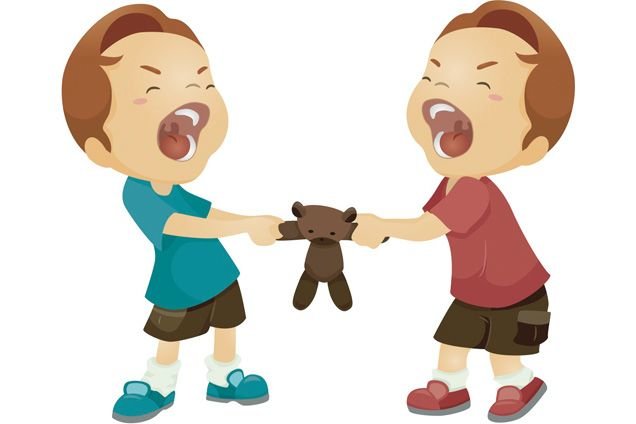 Cartoon image of two children fighting over a teddy bear