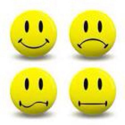 Four yellow smiley faces express different emotions