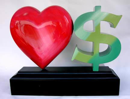 Red heart with green dollar symbol decor statues