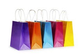 Colorful shopping bags are lined up in a row