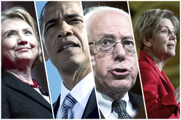 Image of Hillary Clinton, Barack Obama, Bernie Sanders, and Elizabeth Warren
