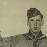 Pencil drawing of a boy scout wearing uniform giving boys scout salute