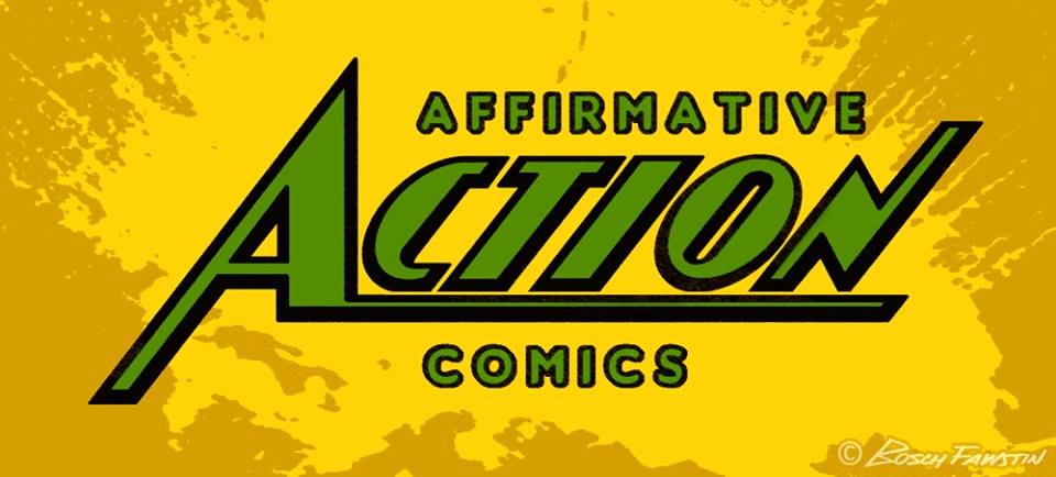 Logo for Affirmative Action Comics on yellow spash background