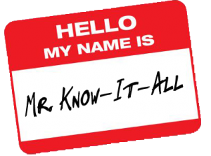 Red and white nametag reads Hello My Name Is Mr. Know-It-All