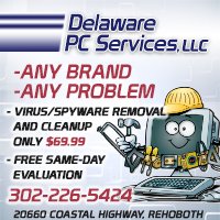 Ad for Delaware PC Services with cartoon computer wearing construction gear