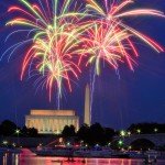 Bright red and green fireworks display in Washington DC