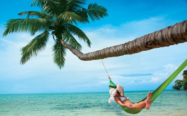 Woman relaxes in hammock from a palm tree