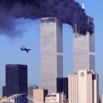 The World Trade Center towers as plane is about to hit