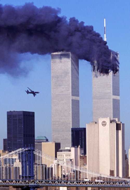 The World Trade Center towers as plane is about to hit