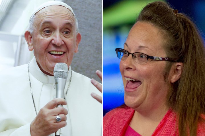 Side by side image of Pope Francis and Kim Davis with smiles