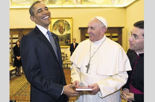 Pope Francis and President Obama with big smiles
