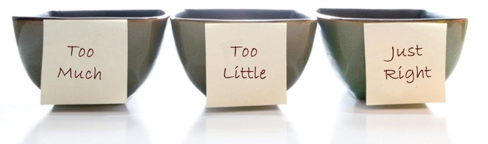 Three ceramic cups: Too Much, Too Little, Just Right